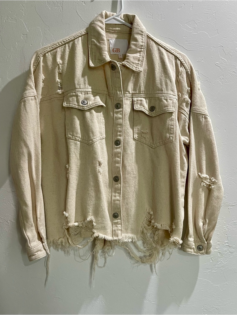 Gianni Bini Cream Distressed Denim Jacket - Women's Oversized Jacket SZ XS
